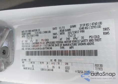 2016 Ford Escape Se z USA, uszkodzony, nr VIN 1FMCU9GX8GUB75636